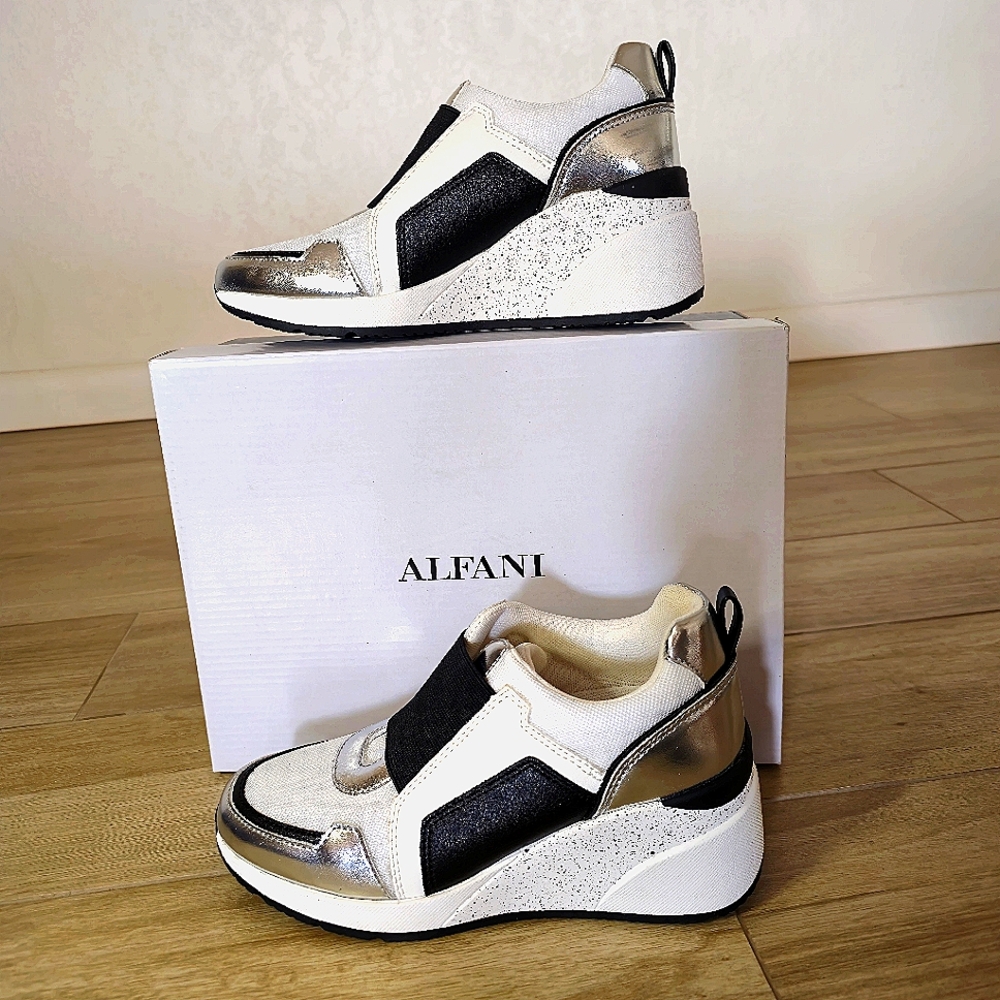 INC Women's Heily Stretch Wedge Metallic black and white Sneakers